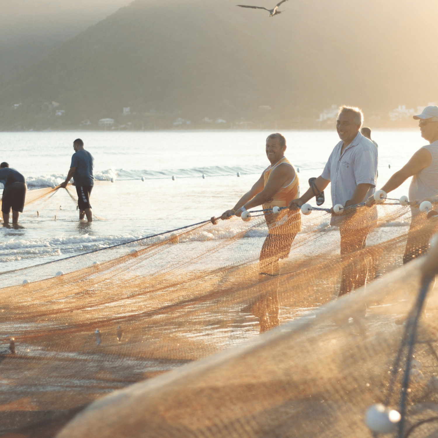 group of people stretching out a custom seine net in the ocean